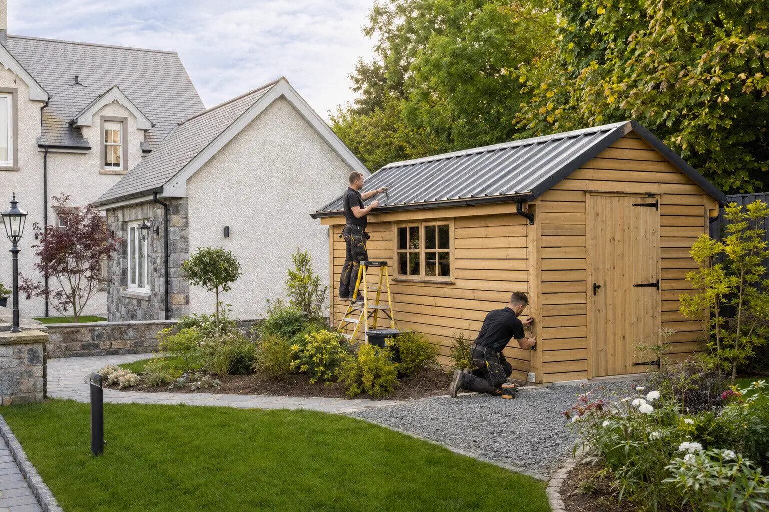 A crew standing a steel shed frame on a poured pad in Ireland