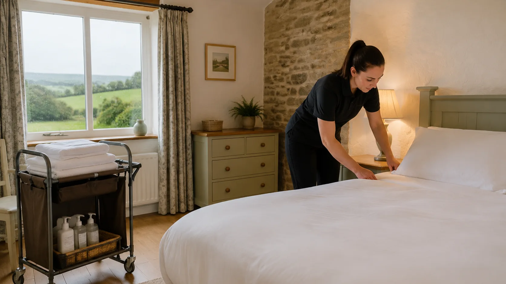 A turnover cleaner making up a bed in a short-stay property in Ireland