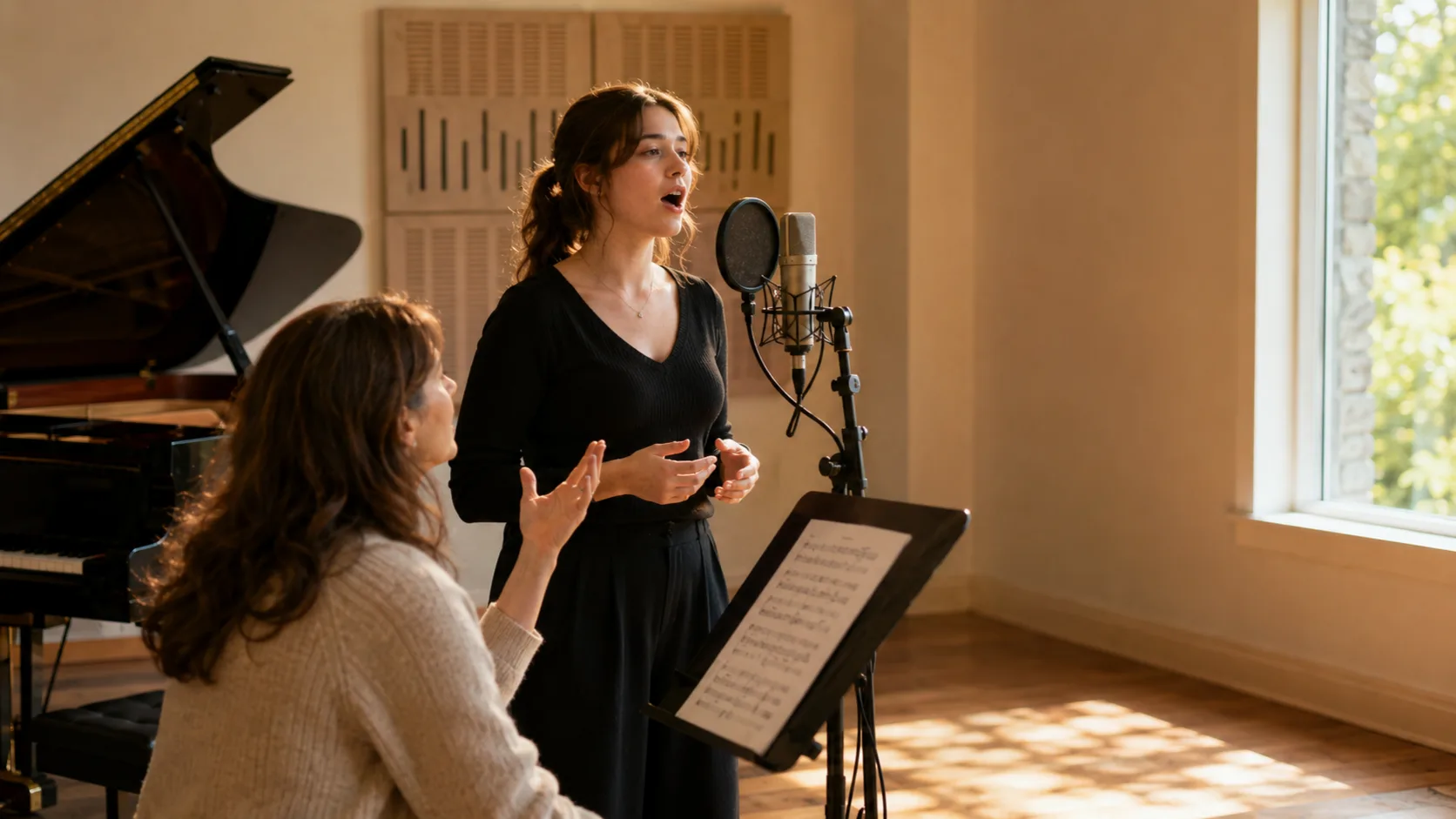 Vocal tutor coaching a singer at a music academy in Ireland