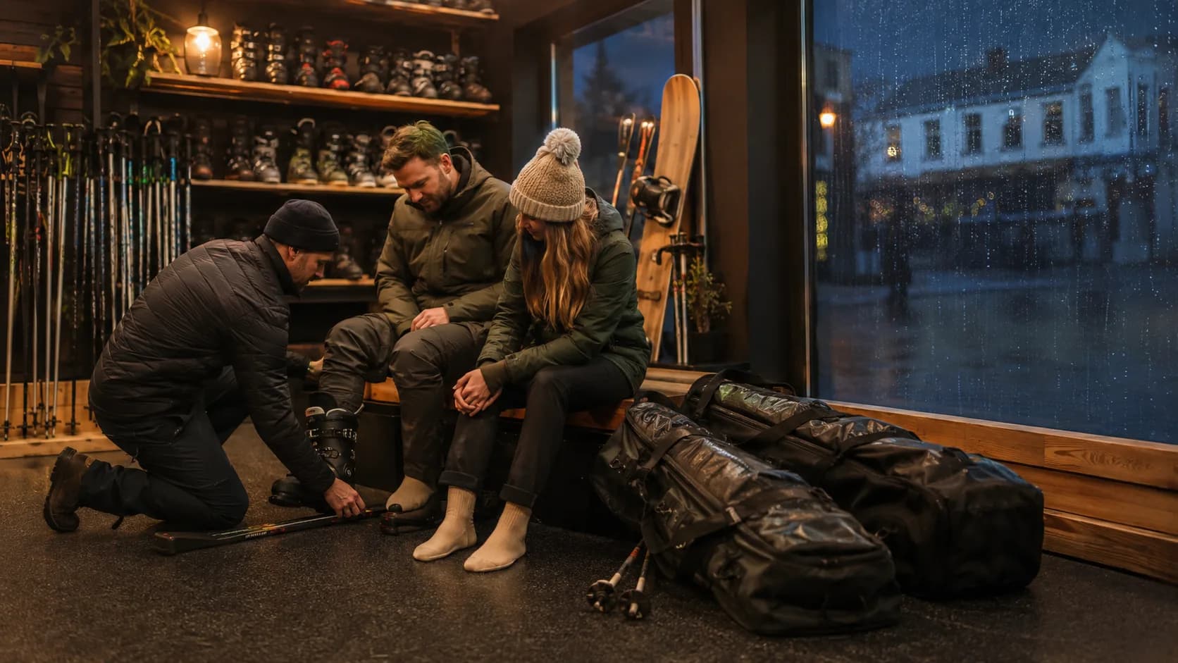 Customer receiving fitted ski boots at an alpine shop in Ireland