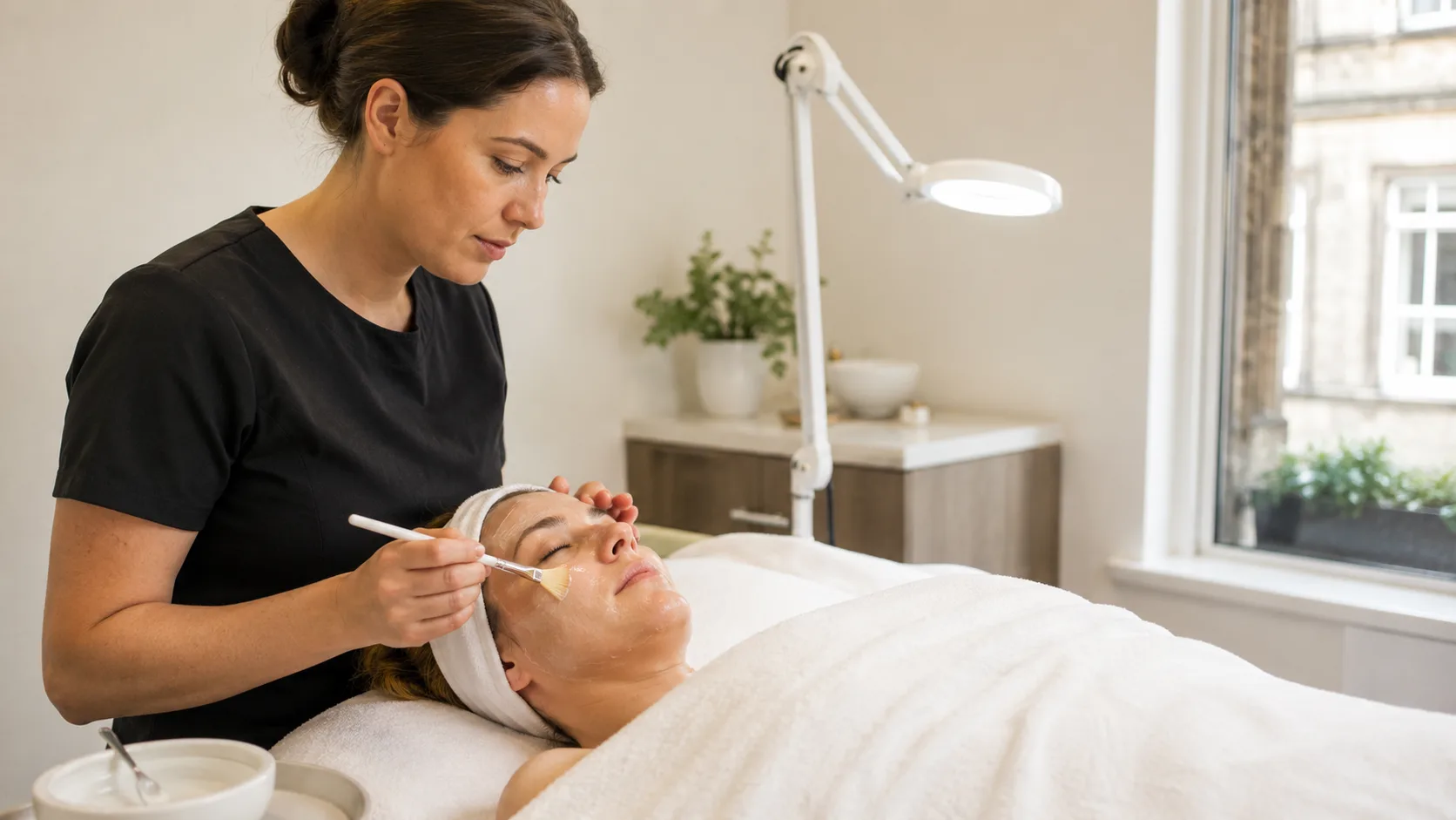 Skin therapist applying a facial mask for a client inside a town-centre studio in Ireland
