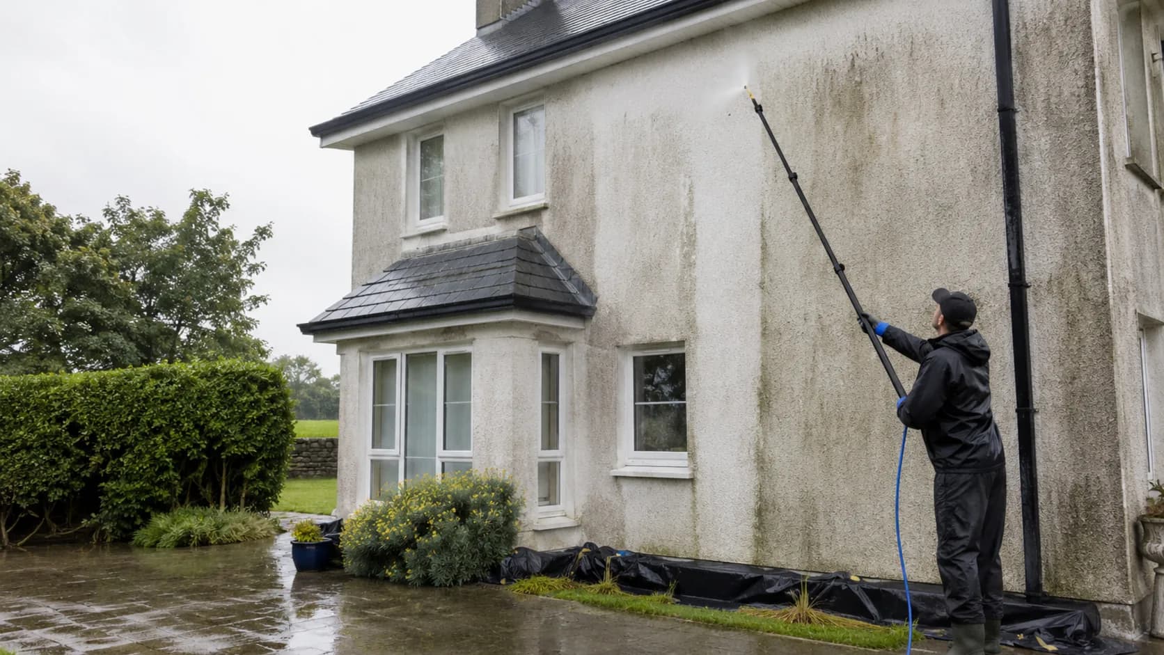 A soft washing operator treating a house roof at low pressure in Ireland