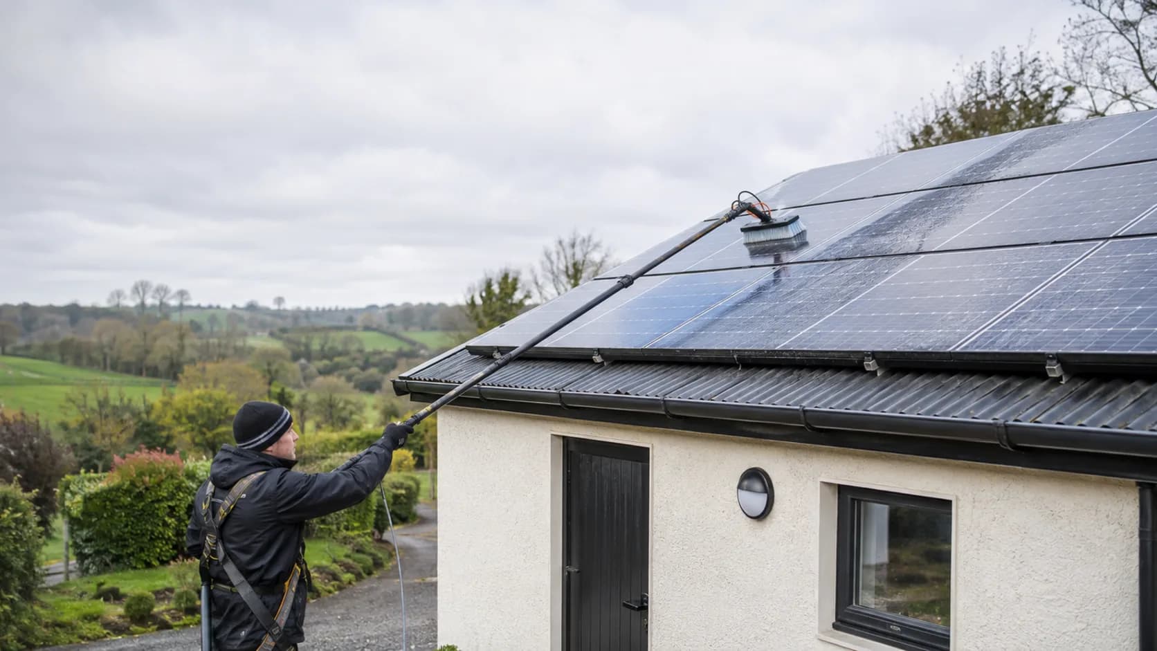 A cleaner washing a rooftop solar array in Ireland