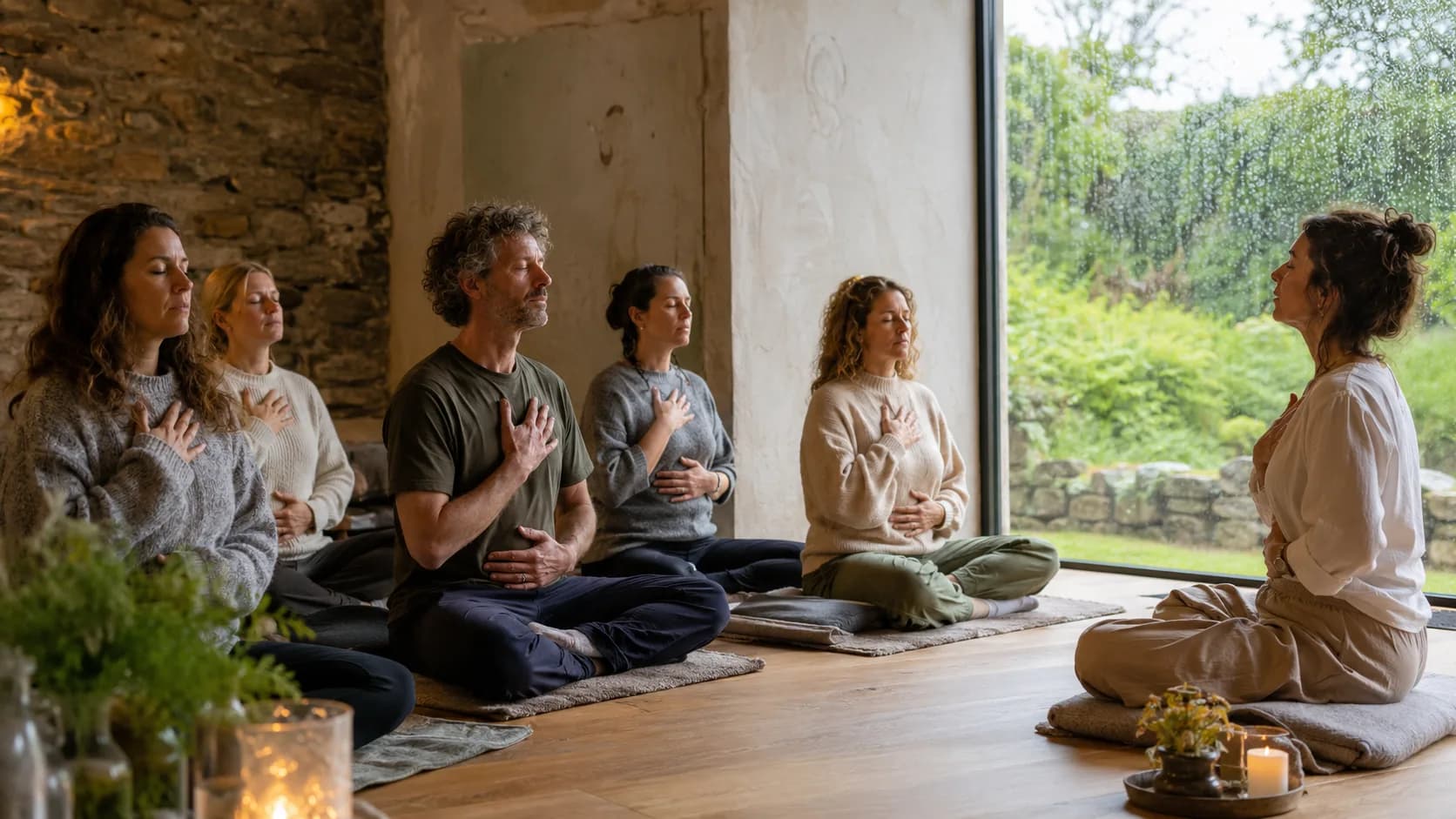 A facilitator leads breathwork in a quiet retreat room in Ireland