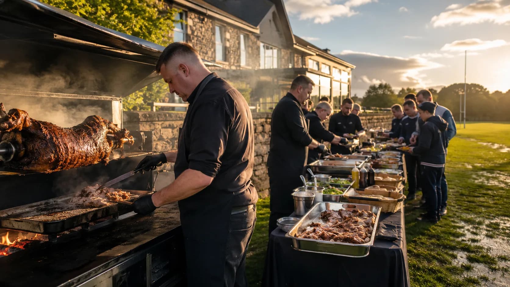 spit-roast crew carving beside a green clubhouse after rain in Ireland