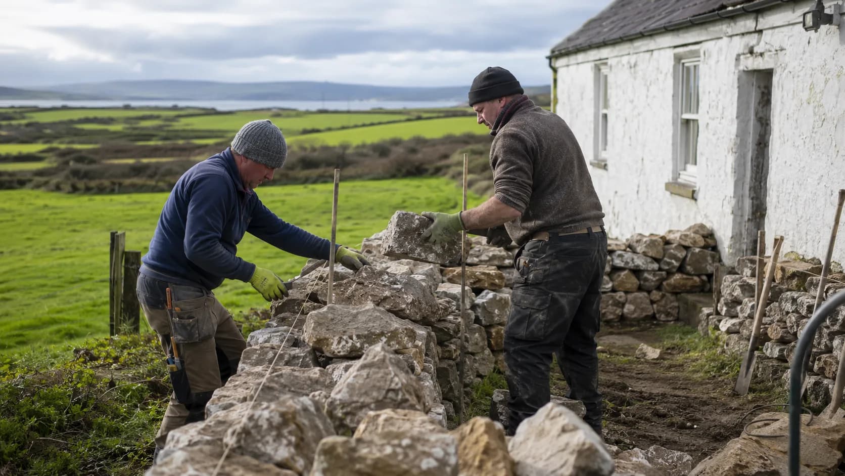 A stonemason dressing a block on site in Ireland