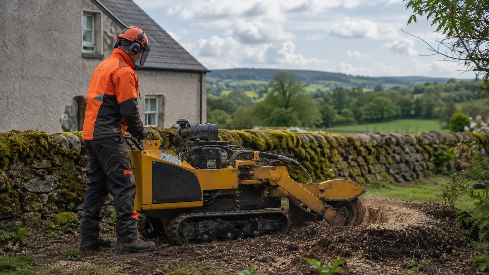 An operator grinds a stump beside a stone wall at an Irish house