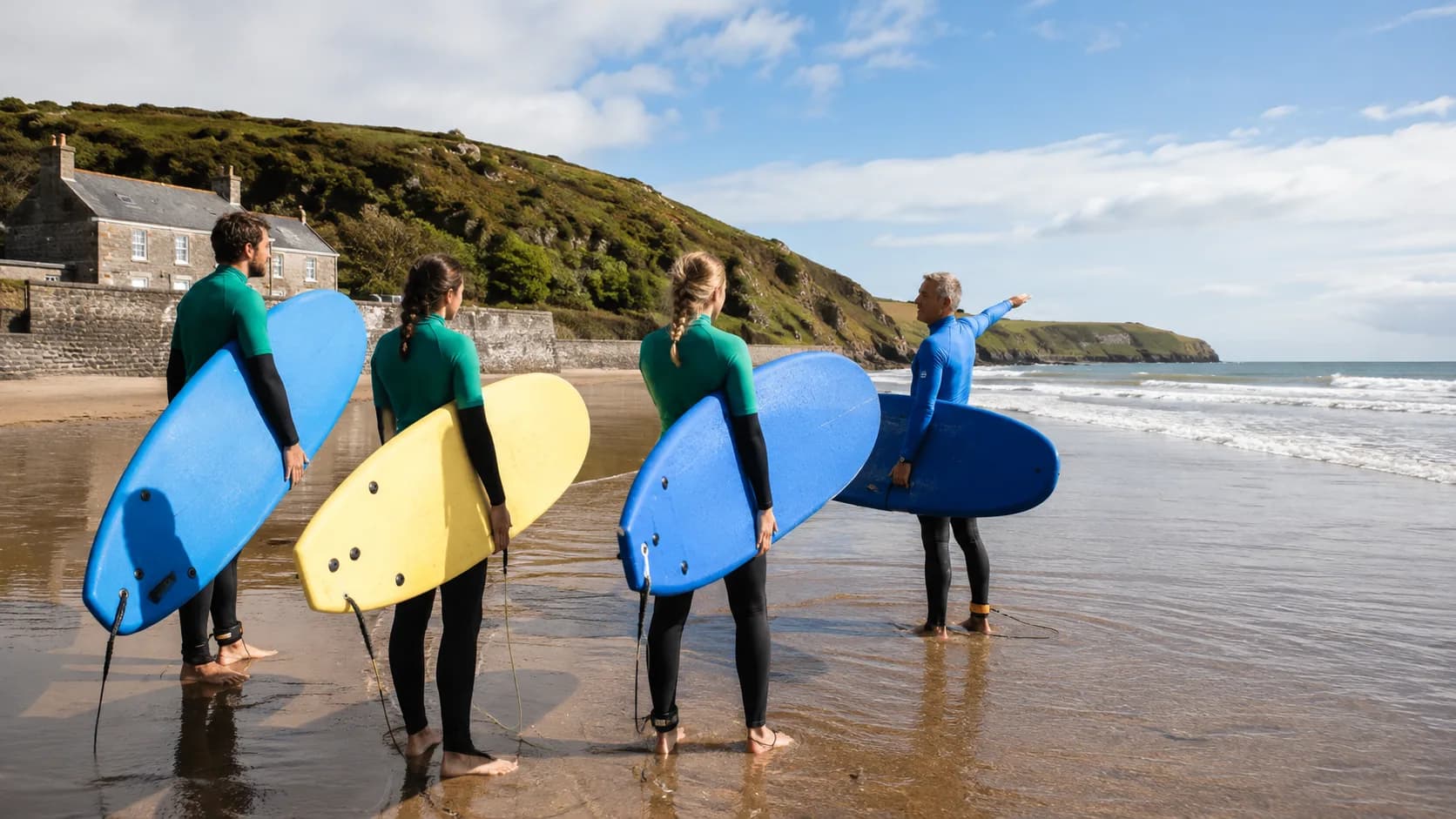 For surf lessons, a surf group receives a beach briefing on the Atlantic coast of Ireland