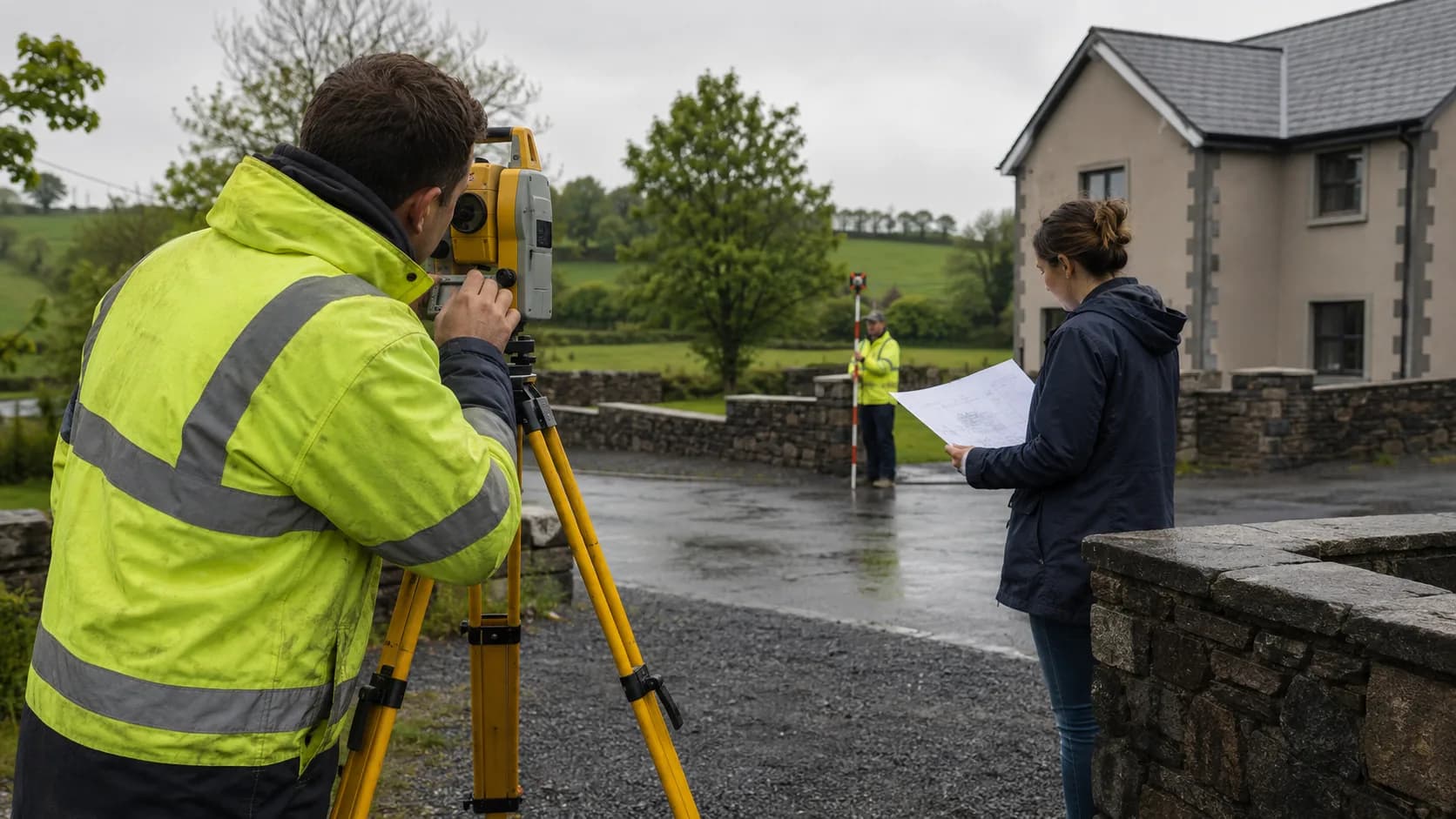 A surveyor takes site measurements using professional equipment in Ireland