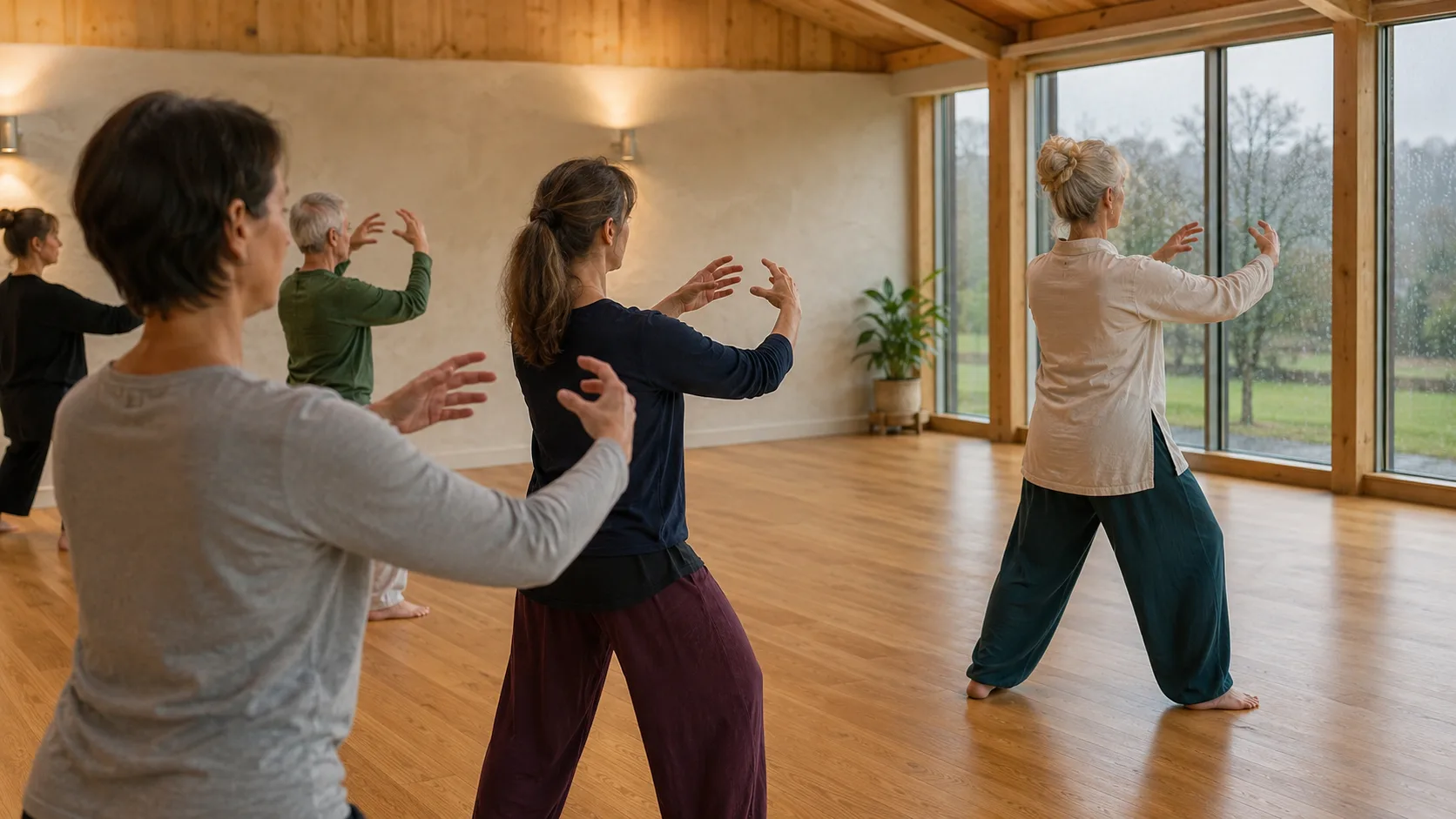 For tai chi, a qigong group follows a teacher at a community centre in Ireland