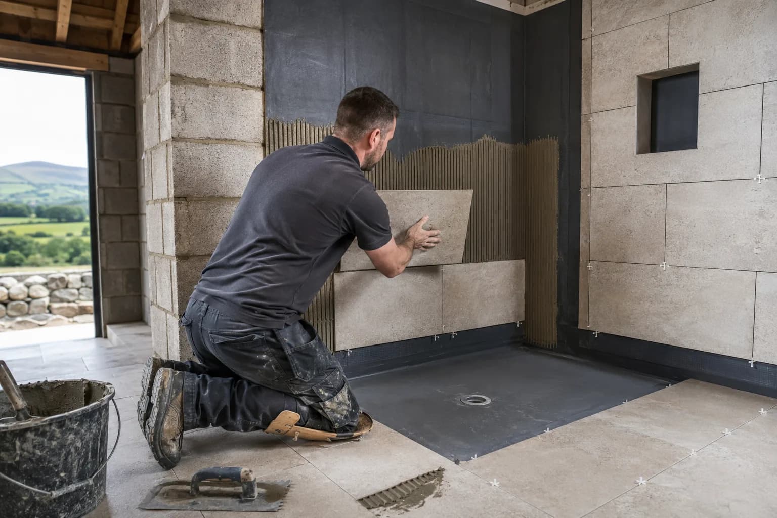 A tiler laying a bathroom floor in Ireland