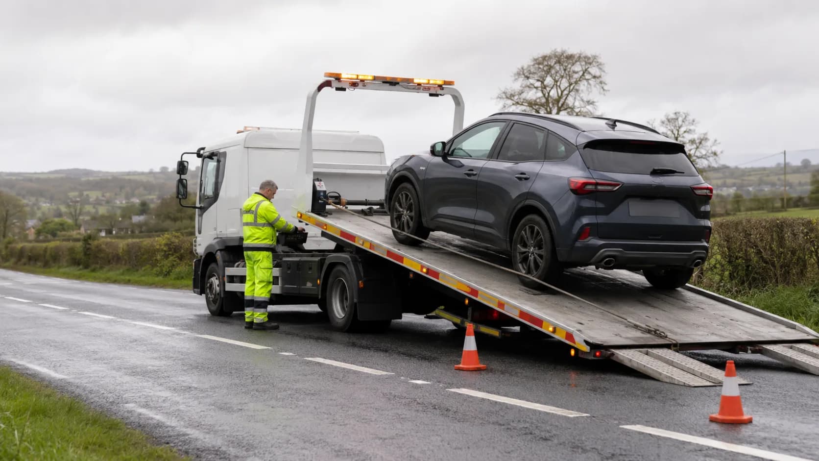 A recovery truck loads a car outside an Irish garage forecourt on a grey morning