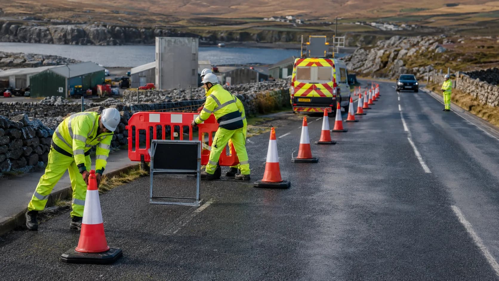A traffic control crew working a lane closure in Ireland