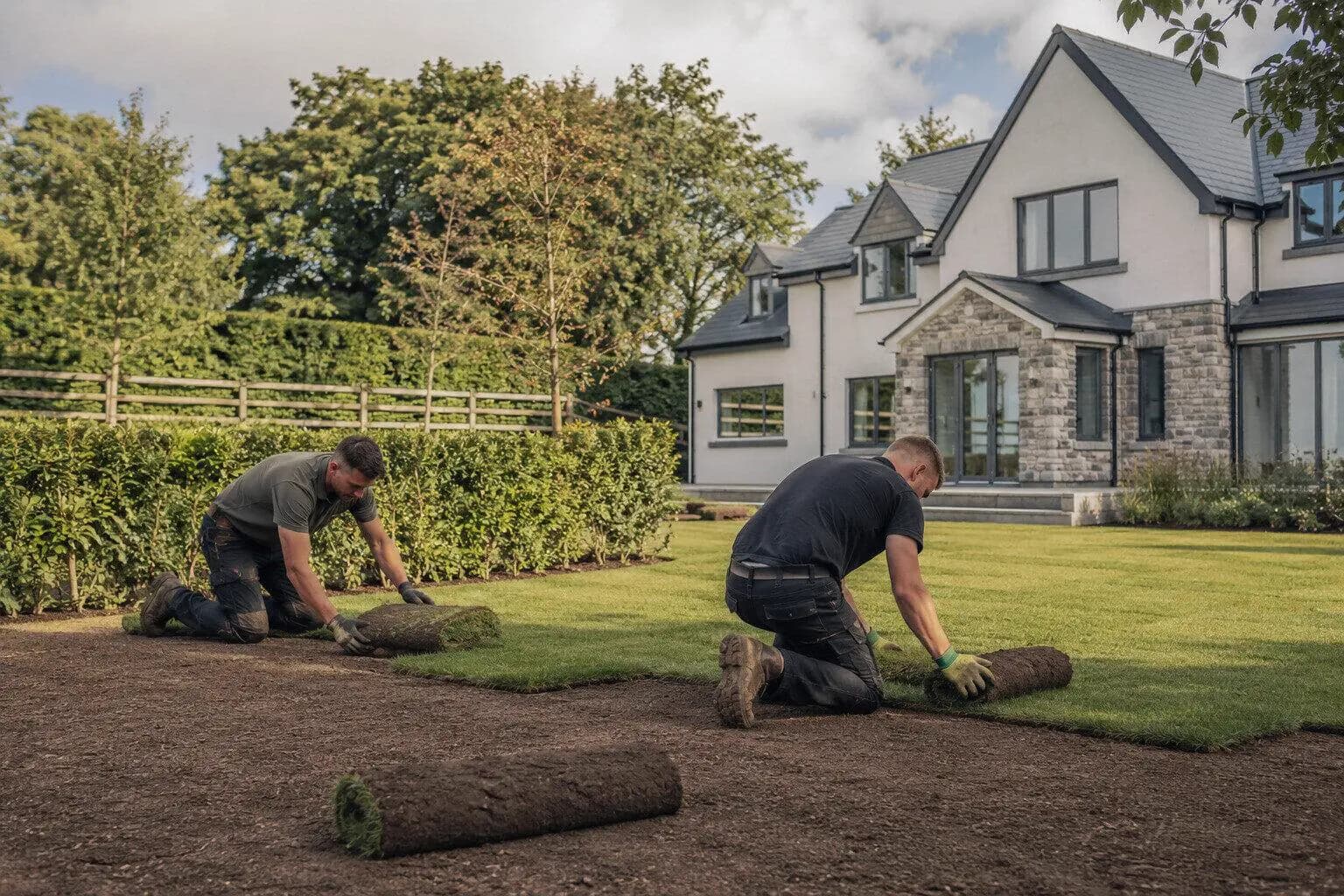 A crew rolling out new lawn over prepared ground in Ireland