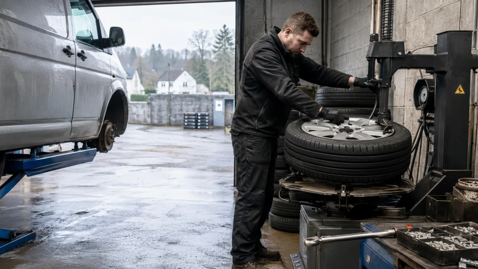 A wheel going back on in a fitting bay in Ireland