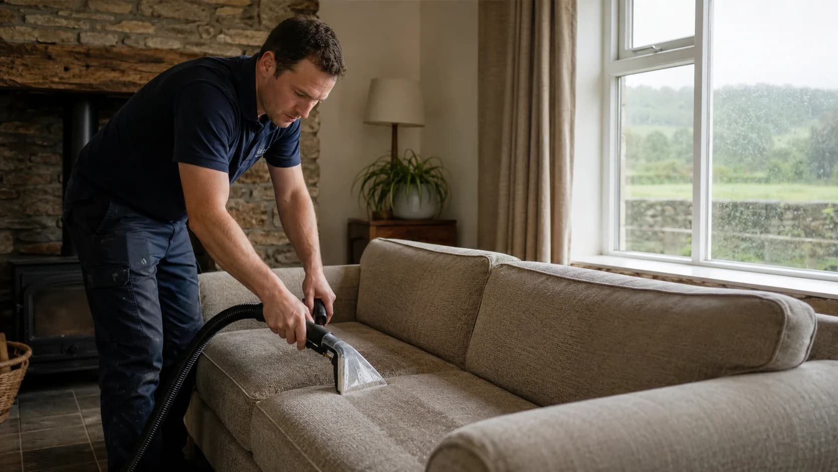 A technician steam-cleaning a fabric sofa in Ireland