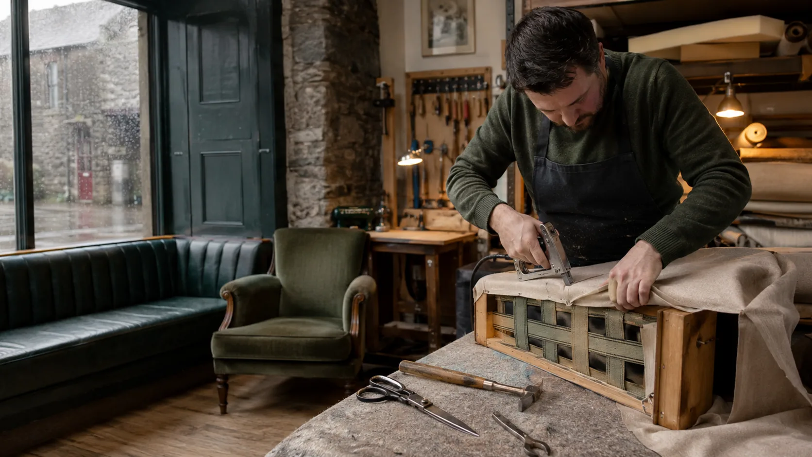 An upholsterer re-covering a chair in a workshop in Ireland