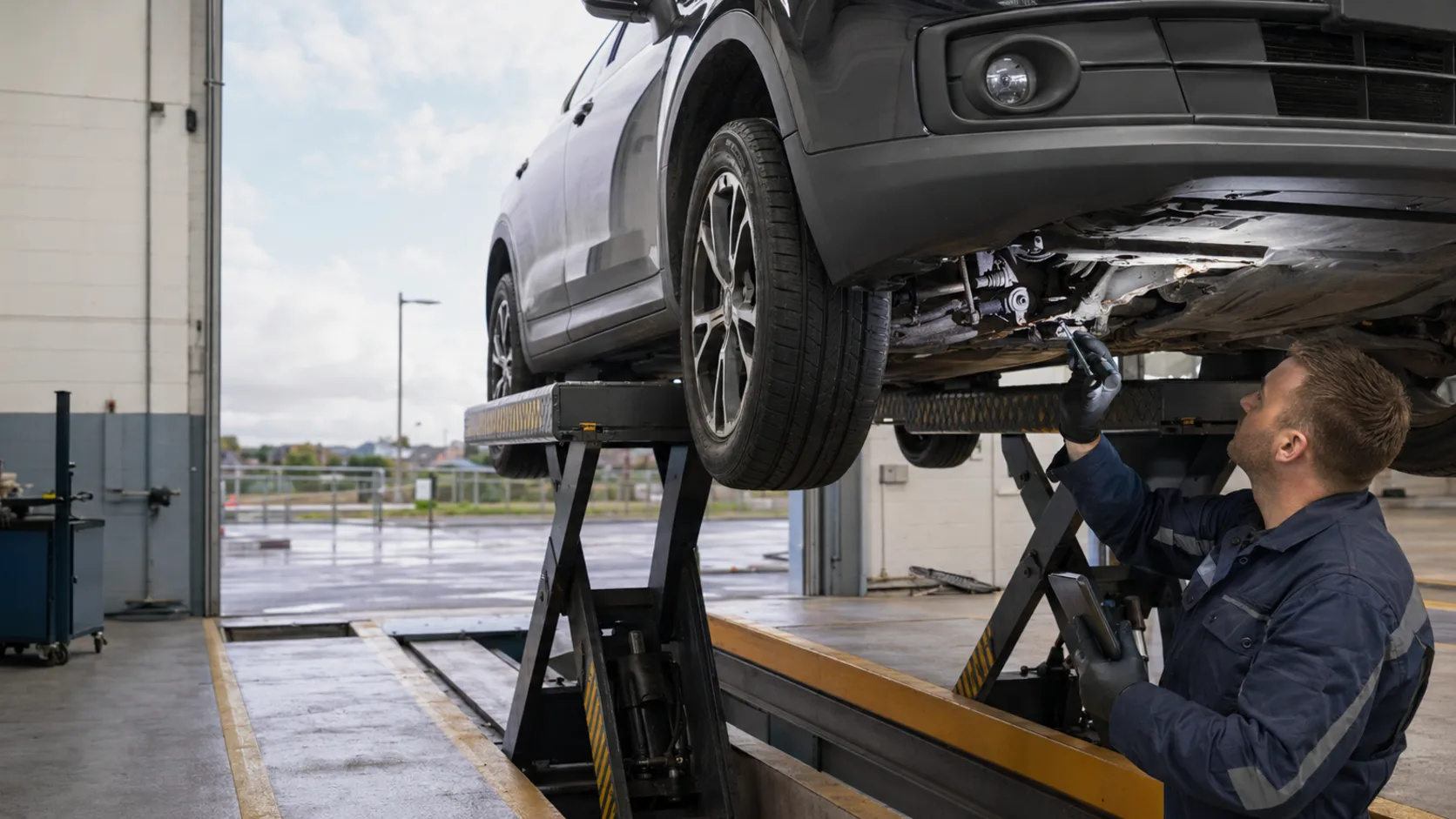An inspector kneeling under a raised car on a ramp, working along the underside with a torch