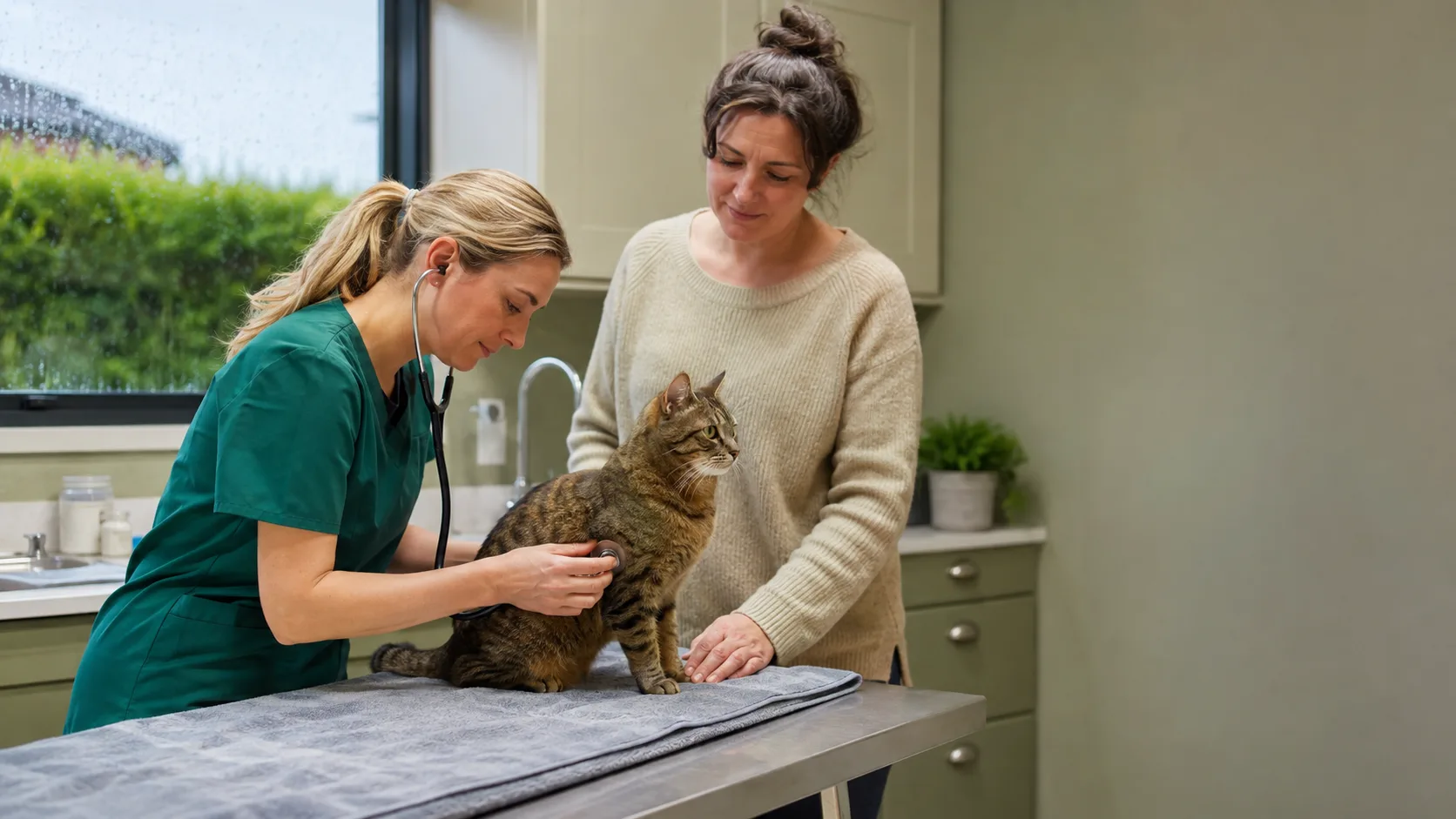 A vet listens to a cat's chest with the owner beside it in an Irish clinic