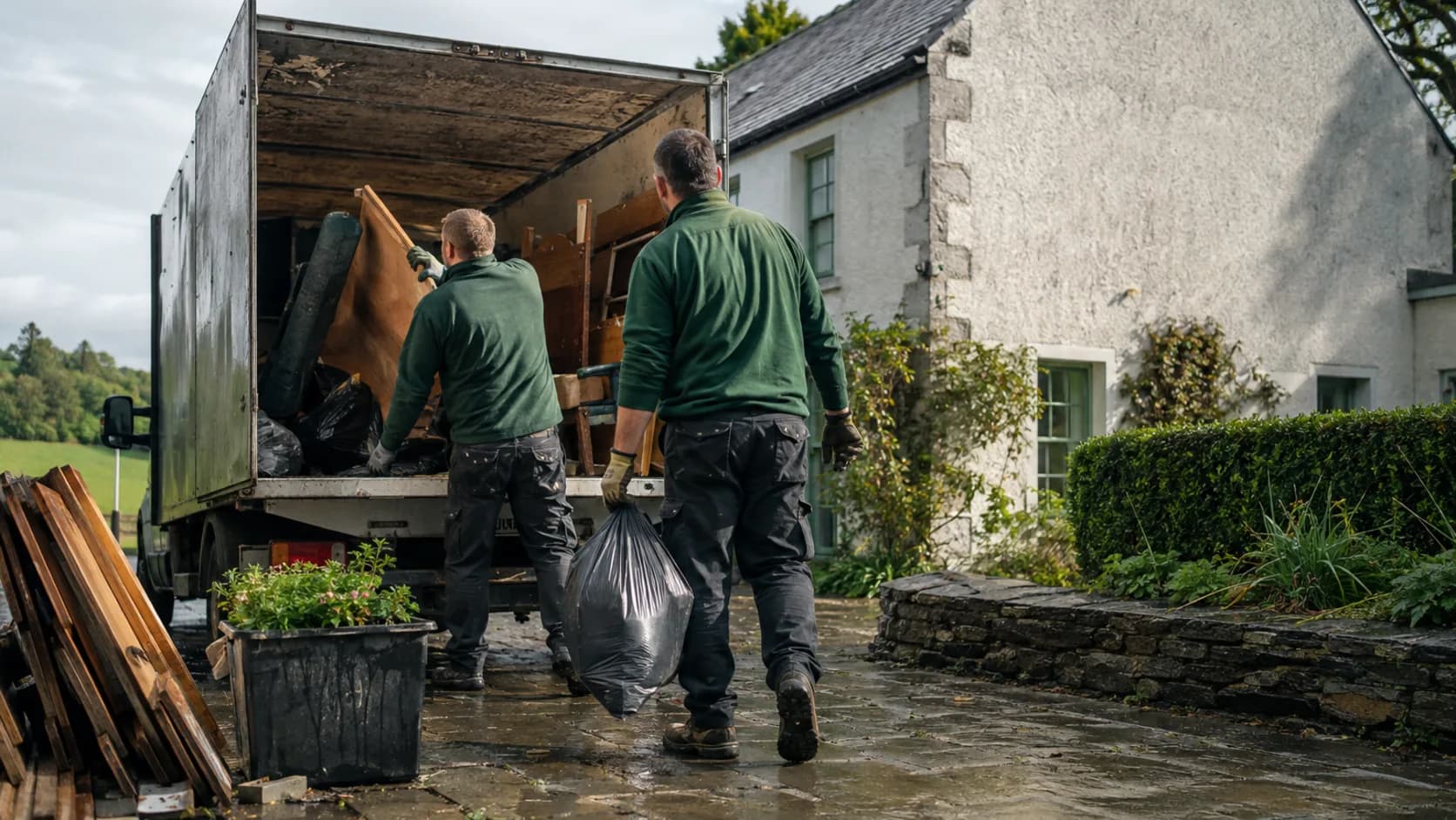 A crew loading a house clearance into a tipper truck in Ireland