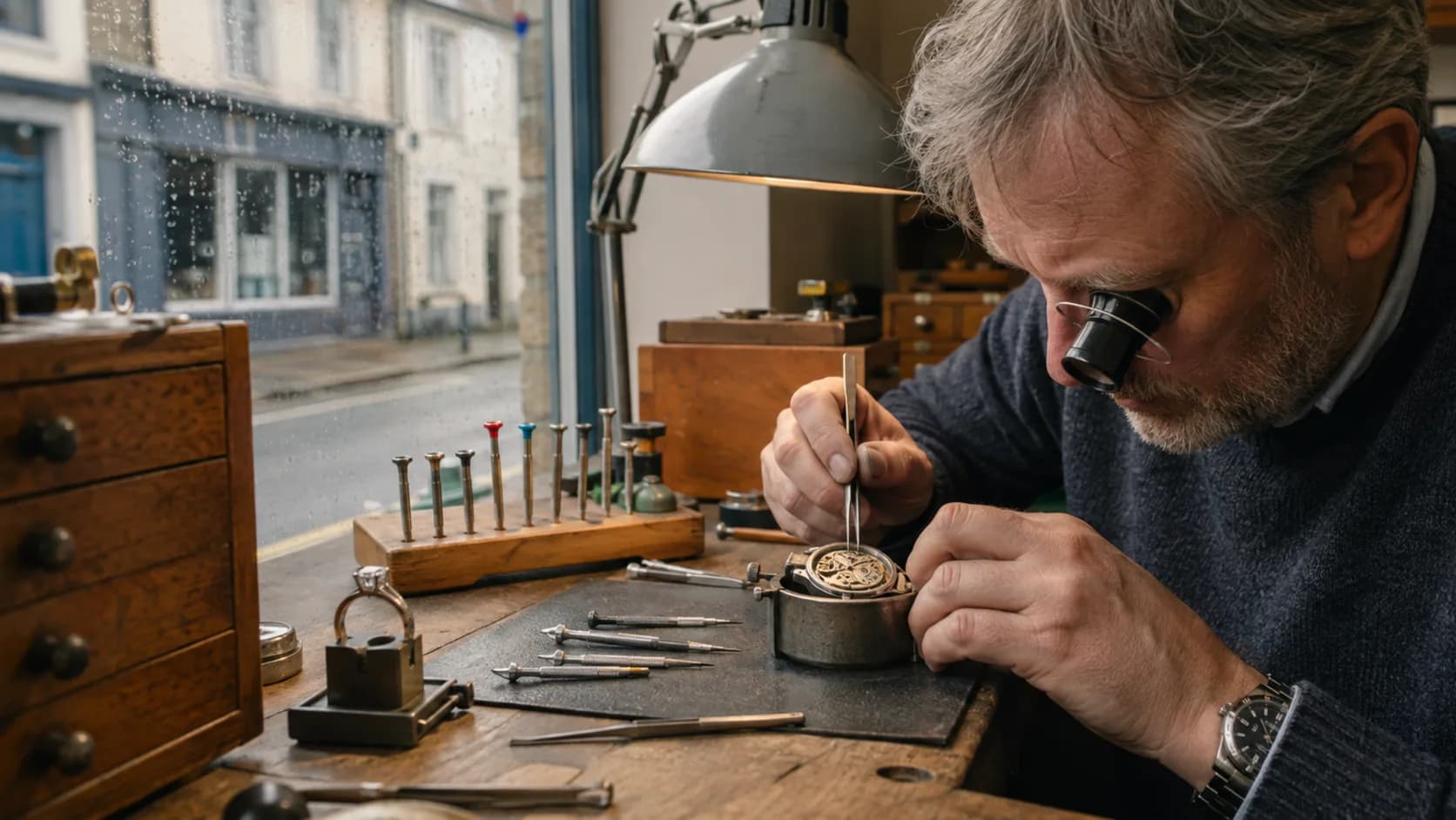 A repairer working on a watch movement at a jeweller's bench in Ireland