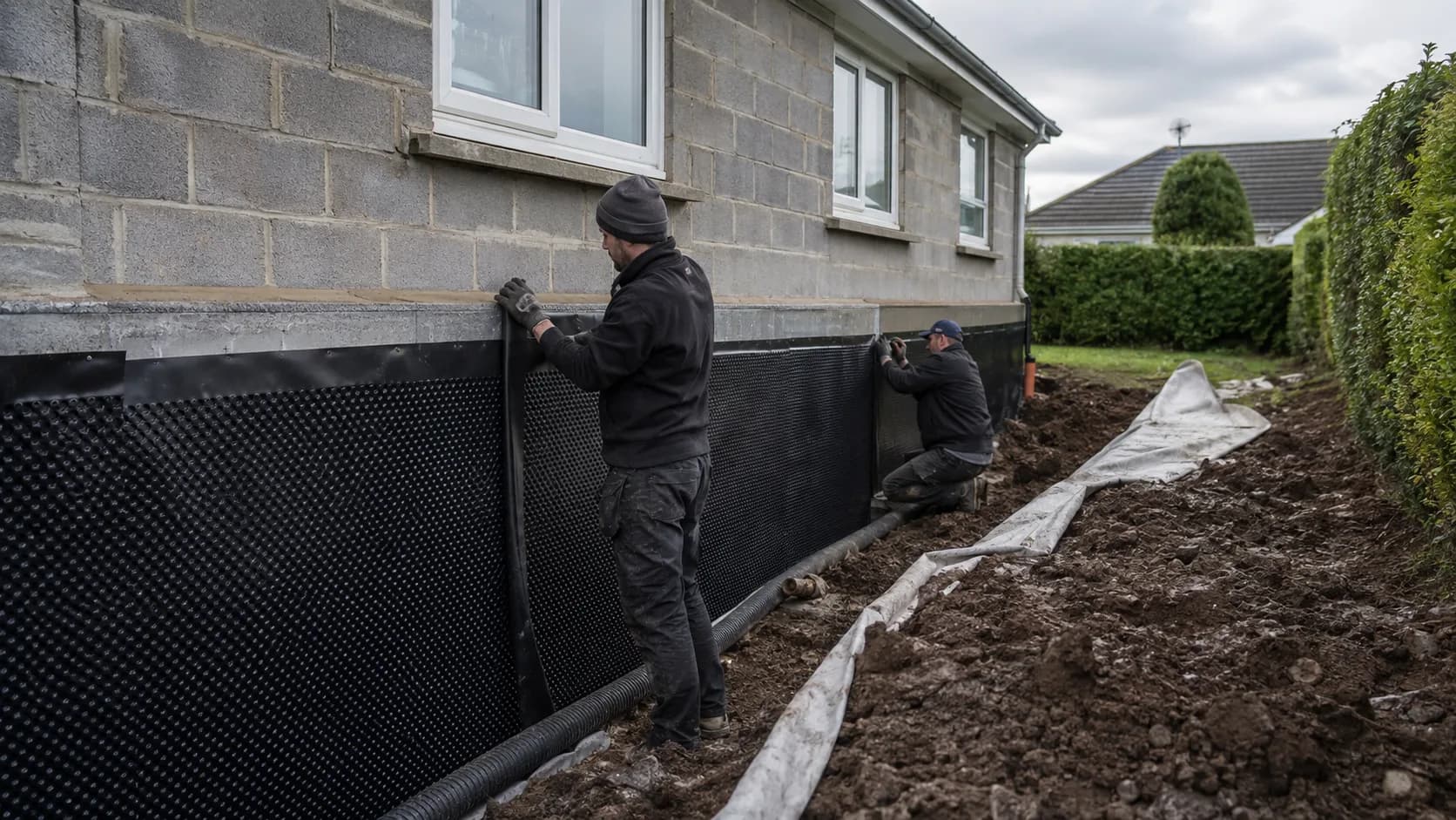 A waterproofer rolling membrane onto a bathroom floor in Ireland