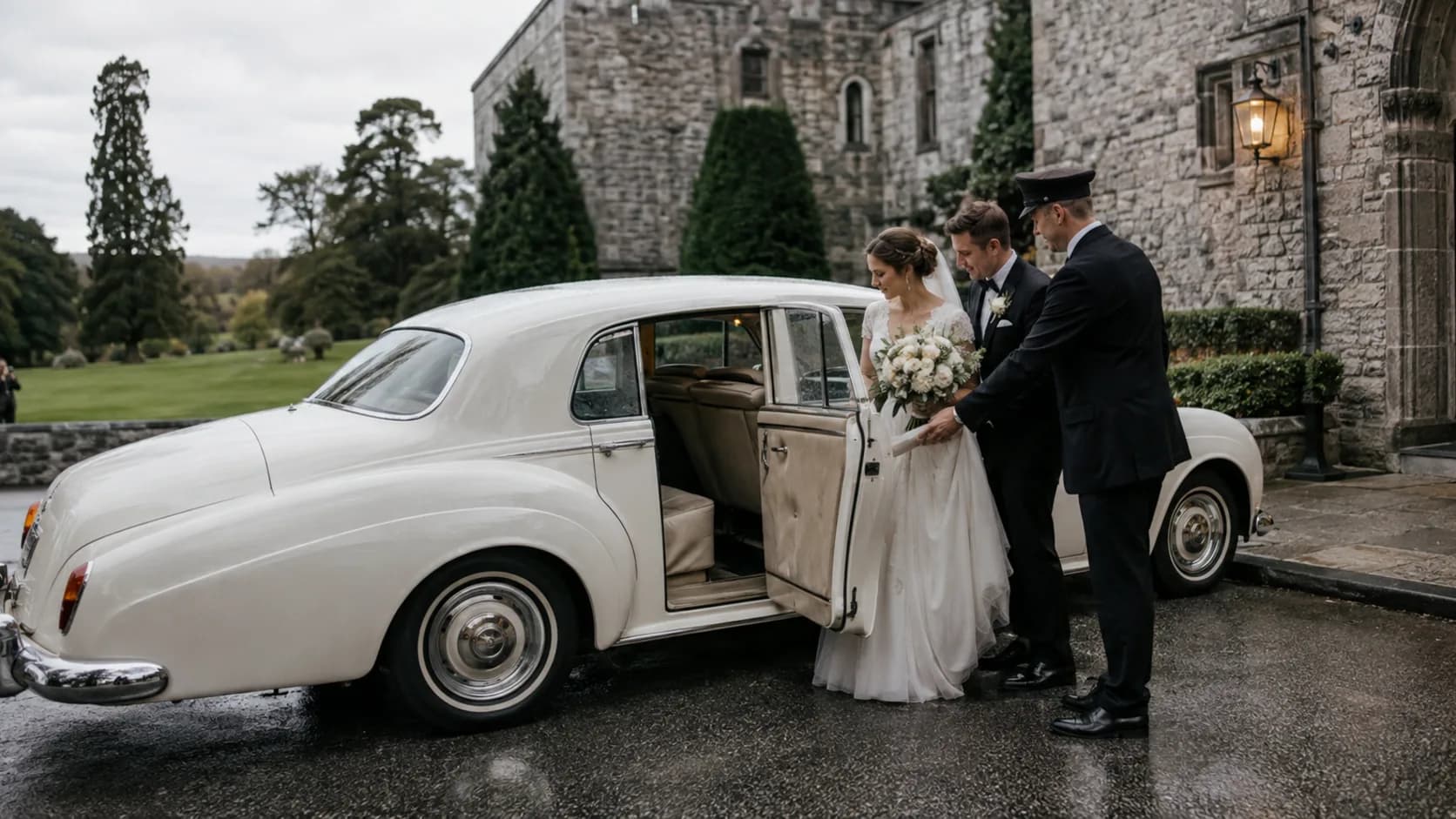 A ribboned car waits outside an Irish country church with stone walls behind