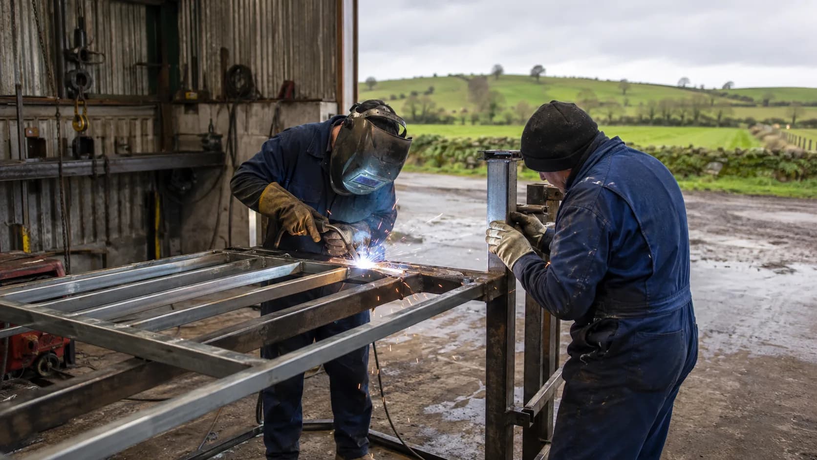 A welder joining steel in a fabrication workshop in Ireland