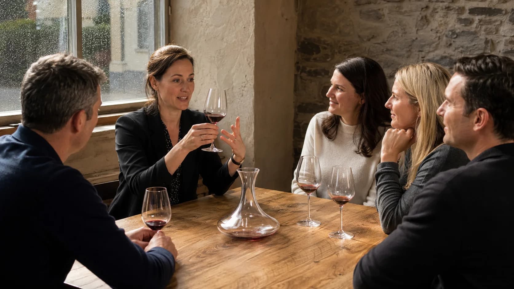 Small guided wine tasting around a timber table in Ireland
