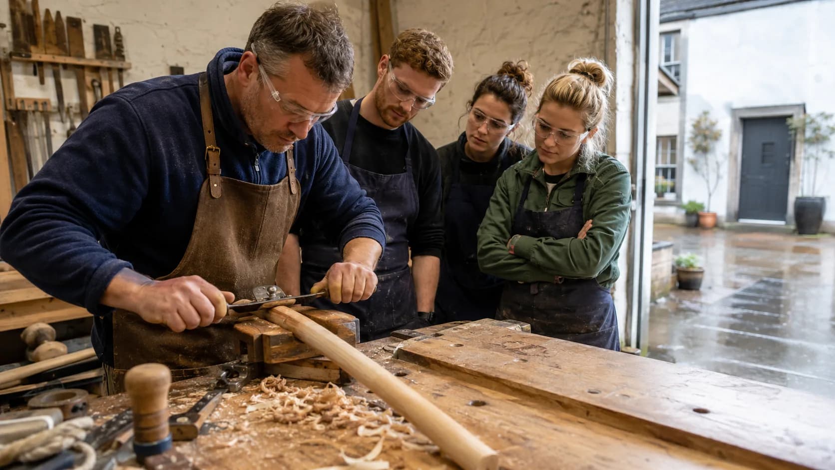 A woodwork tutor showing a learner a mortice at a vice-fitted bench in a timber workshop in Ireland