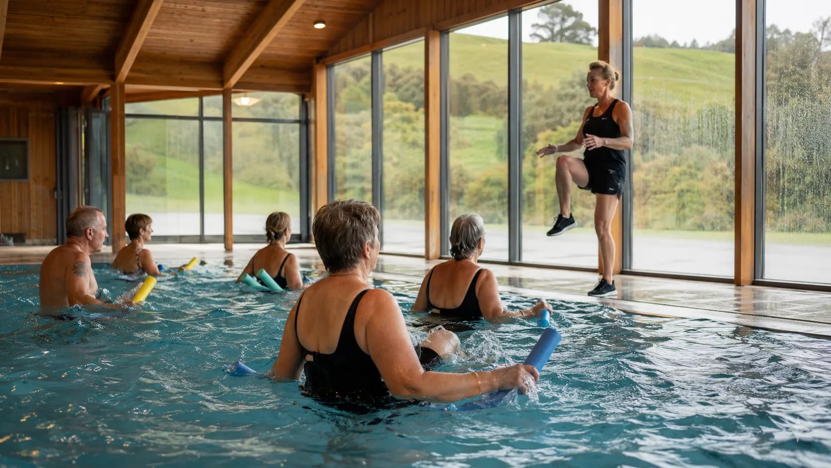 Adults exercise with pool noodles during a New Zealand aqua class