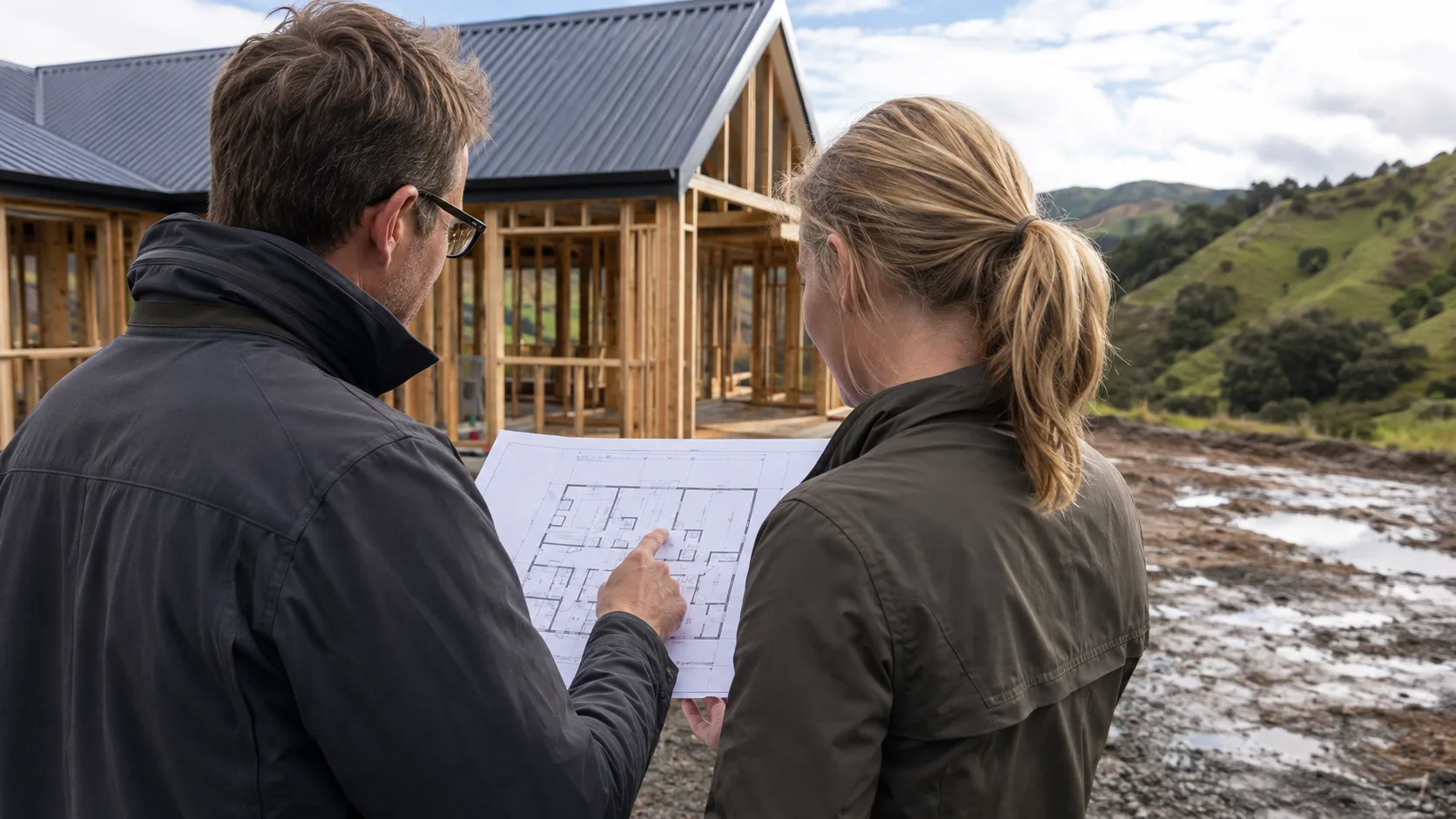 An architect reviews building plans with a client in New Zealand