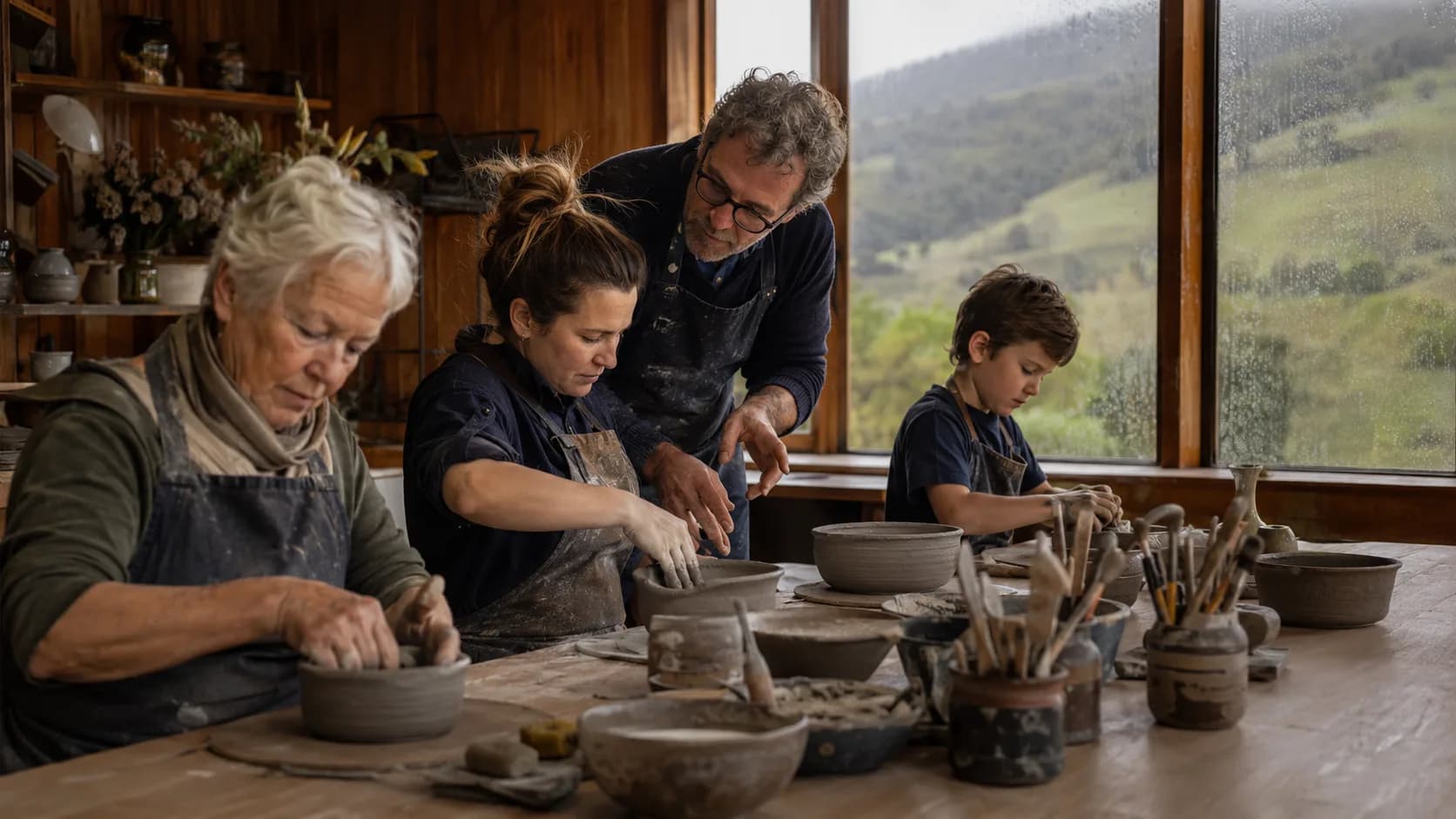 A pottery tutor guides makers during a hands-on studio class in New Zealand