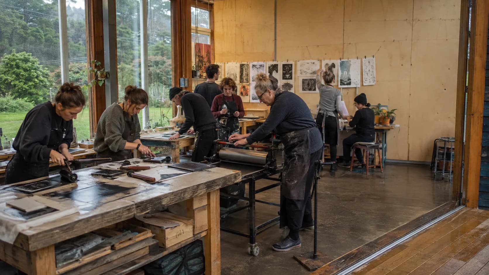 Artists work together around tables in a light-filled working studio