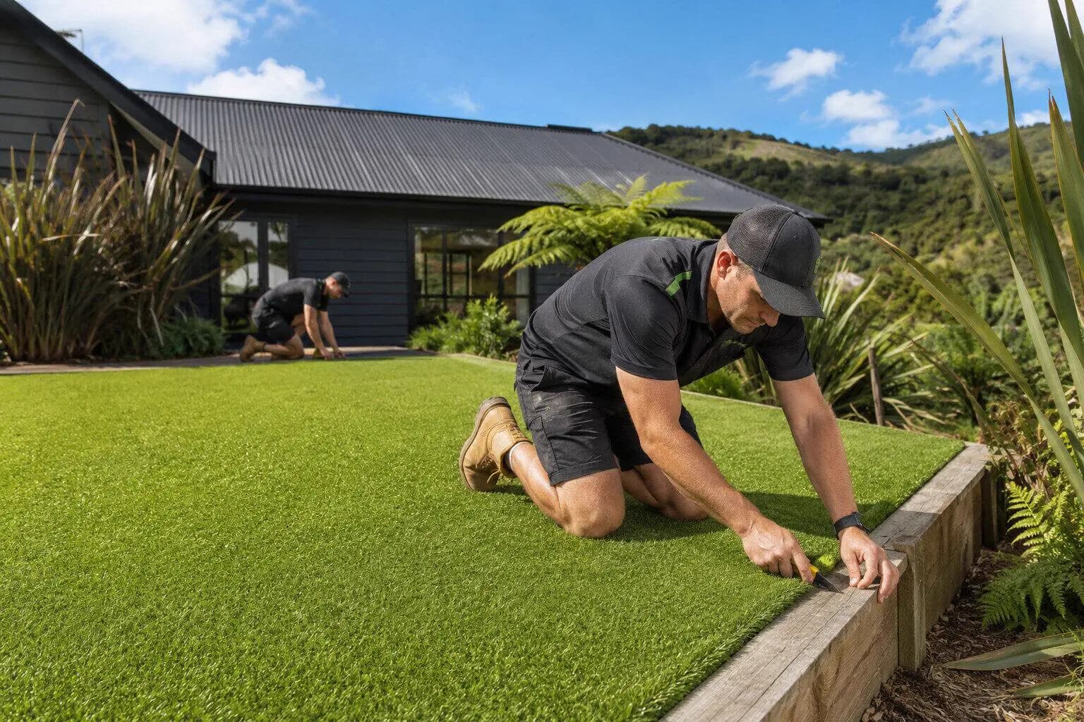 An installer laying a roll of artificial grass over a compacted base in New Zealand