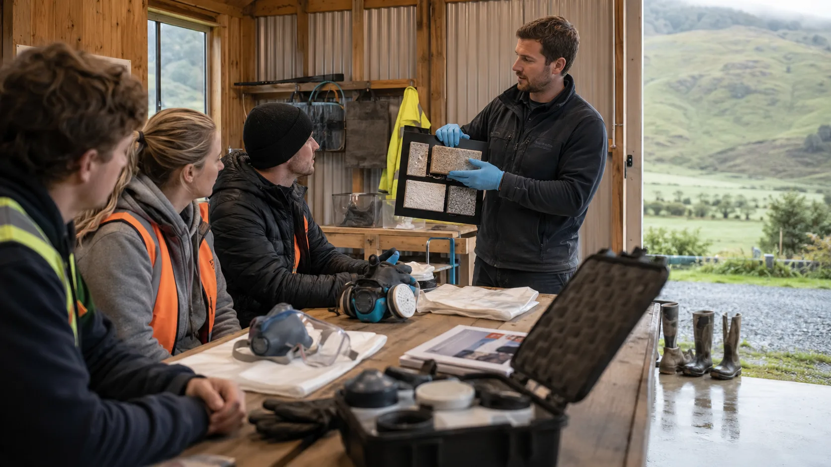 Instructor shows sealed building samples during an asbestos awareness class in New Zealand