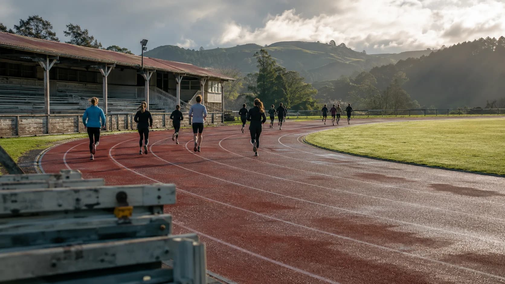 Runners practise on a damp athletics track beside New Zealand hills