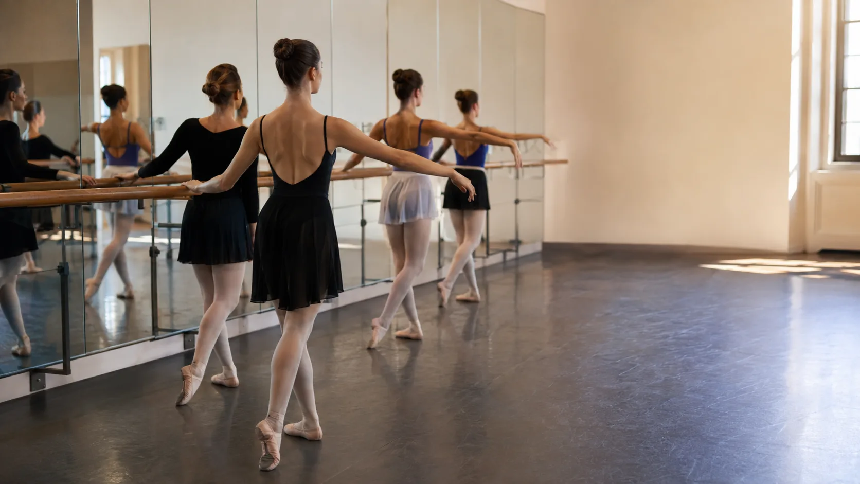 Ballet class practising in a timber dance studio in New Zealand