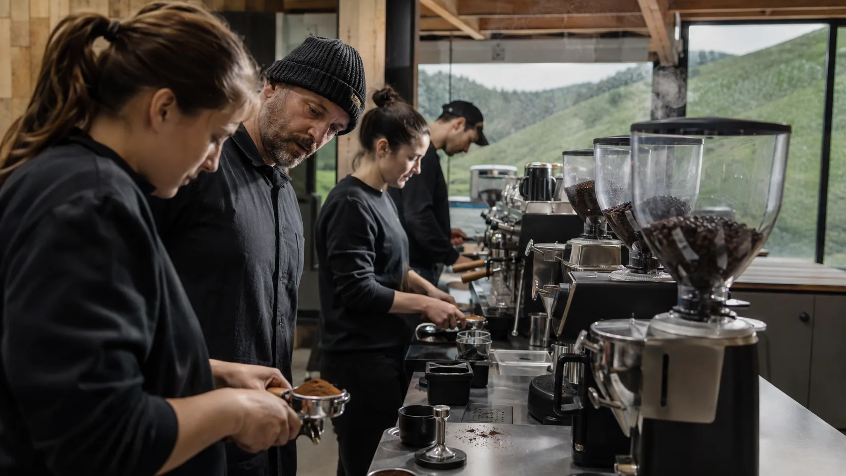 A coffee trainer coaches learners at commercial espresso machines during class in New Zealand