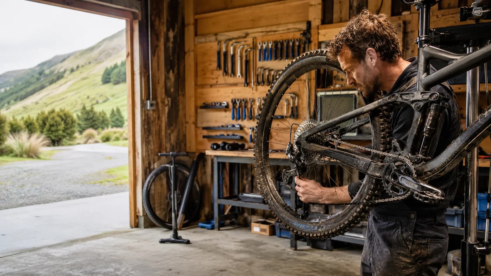 A mechanic working on a bike in a repair stand in a workshop in New Zealand