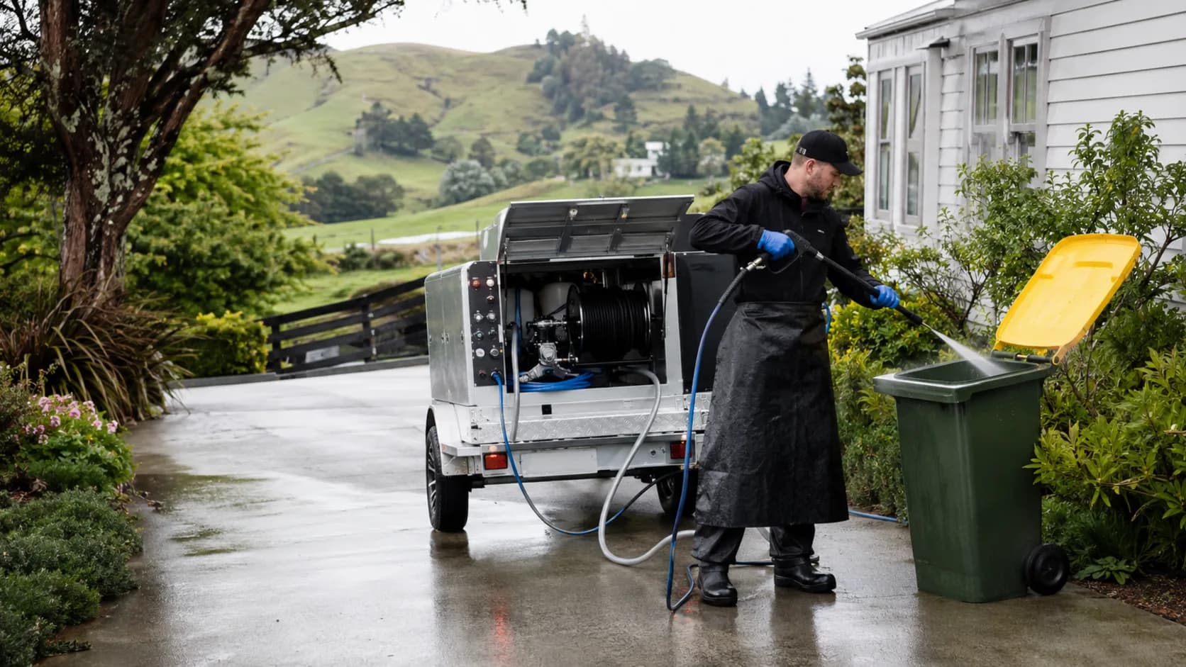 A wheeled bin being cleaned outside a home in New Zealand