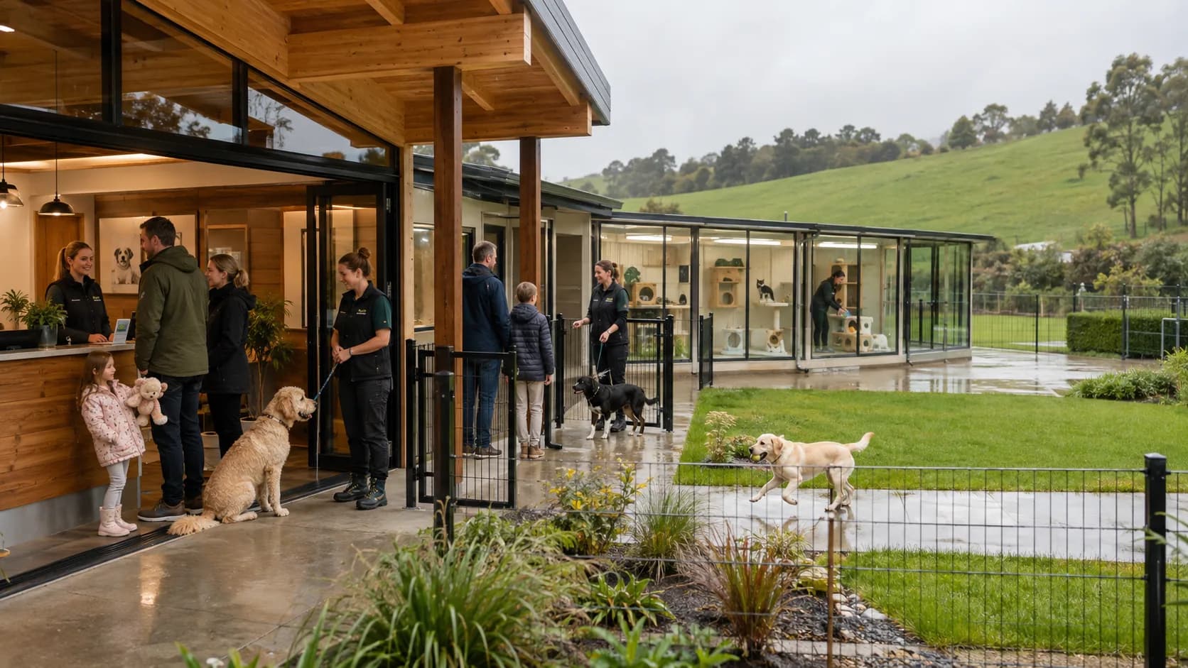 Customers arrive at a distinctive timber kennel run or cat suite for their booking today