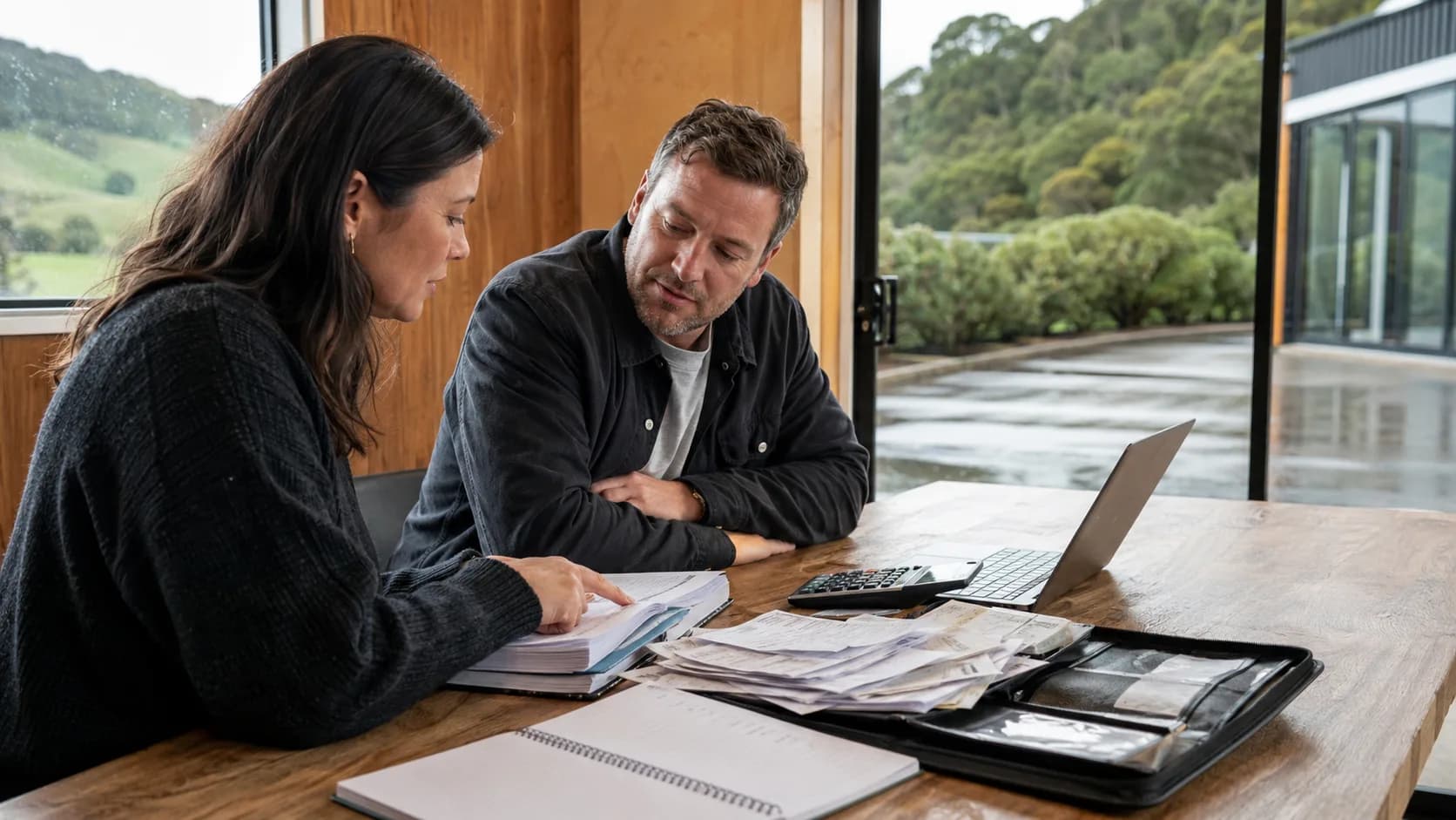 A bookkeeper works through receipts and records with a client in New Zealand