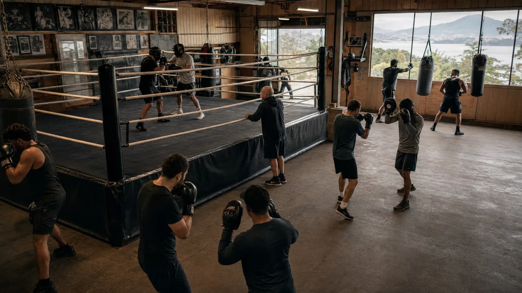 Athletes practise boxing inside a timber-lined gym in New Zealand