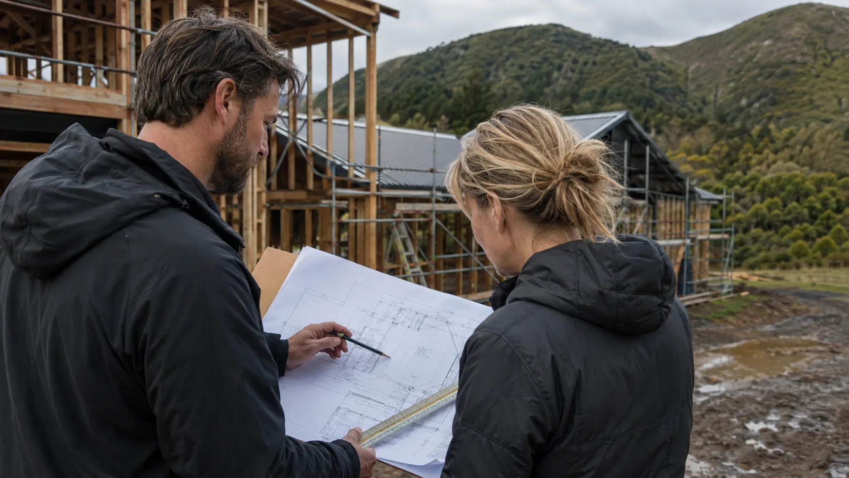 A building designer reviews residential plans with a client in New Zealand