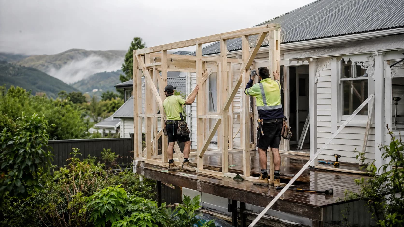 A builder framing a house extension in New Zealand
