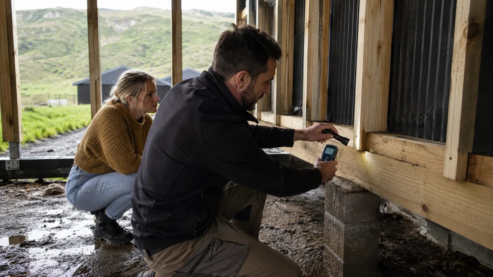 An inspector checks a timber junction during a home visit in New Zealand