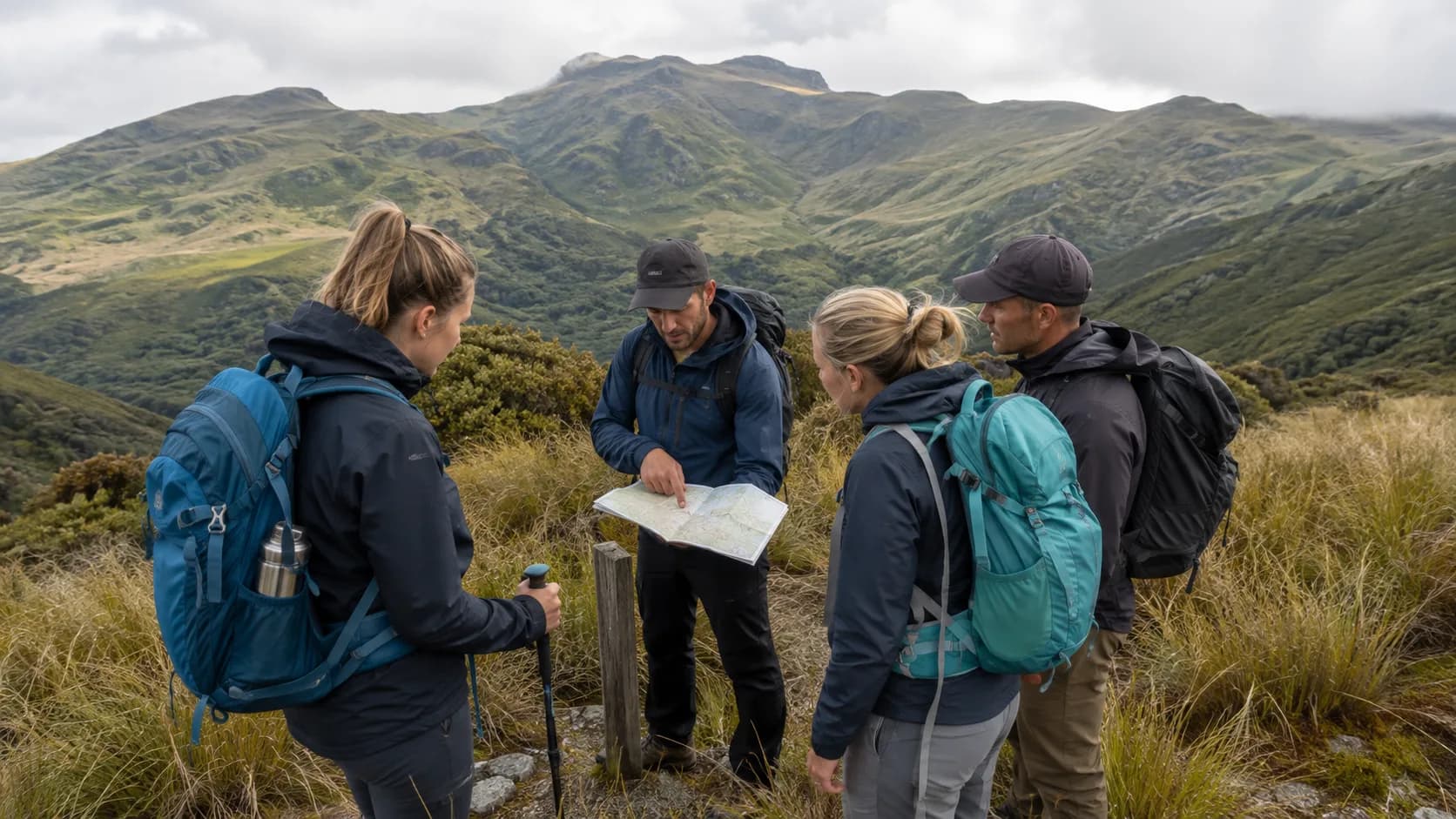 For navigation courses, a tramping group studies a map below New Zealand alpine terrain