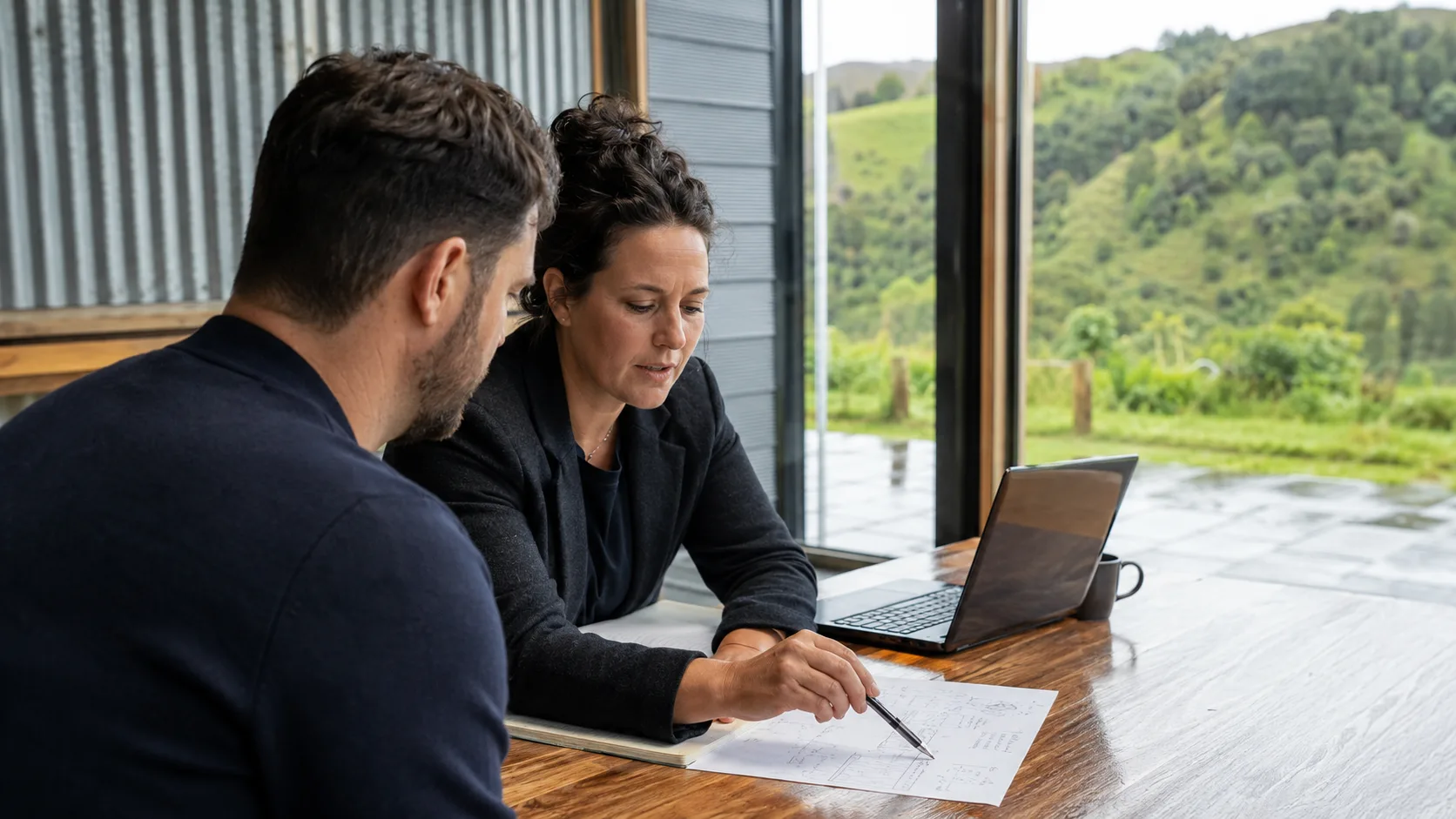 A business consultant reviews an operating plan with a client in New Zealand