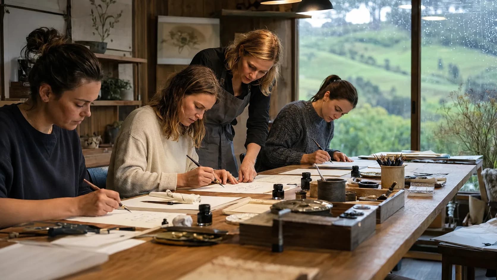 A tutor rules guide lines on practice paper beside dip pens at a studio bench in New Zealand
